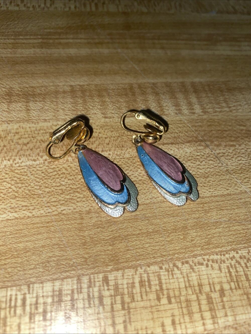 Vintage Enamel Earrings Southwest Drop 80s Clip Gold Tone